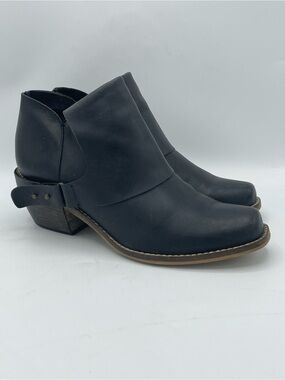 MTNG Originals Black Leather Boho Western Ankle Booties with Stacked Heel.